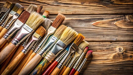 Close-up of various artist paint brushes on a wooden surface, artist, paint, brushes, brush strokes, wooden