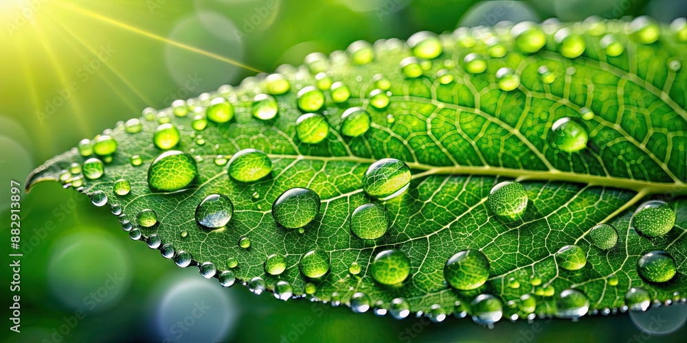 Wall mural Close-up image of a fresh green leaf covered in glistening dew drops, verdant, leaf, pristine, dew drops, water droplets, nature