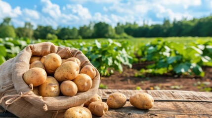 A burlap sack filled with potatoes sits on a wooden table in a field, with a background of green foliage and a blue sky with white clouds