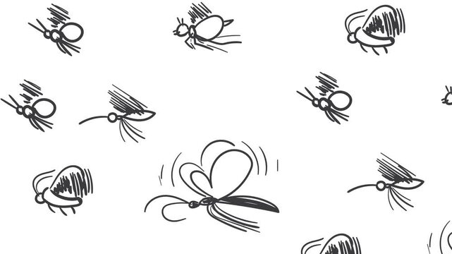 Large insects fly from right to left. Among them are butterflies, beetles, wasps and mosquitoes.