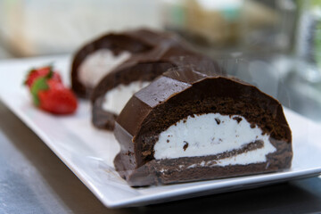 View of the chocolate cake on the plate