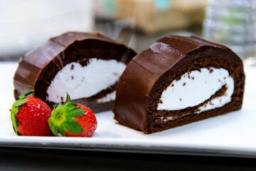 View of the chocolate cake on the plate