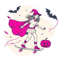 witch on Skateboard with Halloween Elements