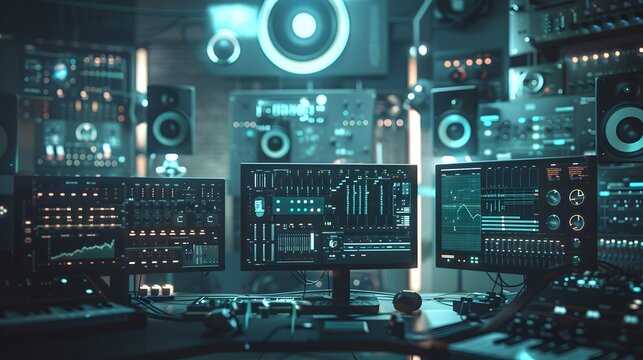 An intricate digital workspace filled with floating windows of various VST plugins, each showcasing different virtual instruments and audio effects, all set against a high-tech background