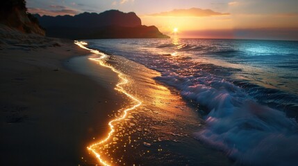 Obraz premium Stunning Sunset Over Serene Beach with Golden Reflections on the Water and Majestic Mountains in the Background