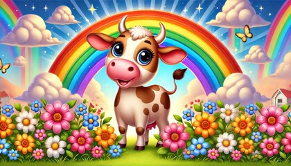 Obraz premium A joyful cow standing under a rainbow, with colorful flowers all around it.