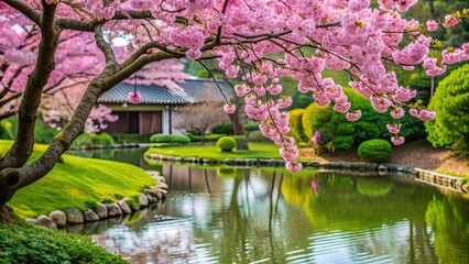 Close-up of blooming cherry tree in a serene Japanese garden, cherry blossom, Japan, spring, garden, nature, beauty, pink, tree