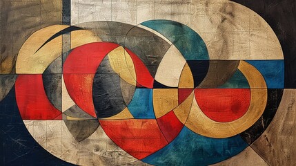 Abstract Geometric Painting With Red, Blue, and Gold