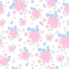 coquette seamless pink flowers pattern. Delicate petals and vibrant blossoms create an artistic and vintage botanical illustration. Perfect for wallpaper, fabric, wrapping paper and more.