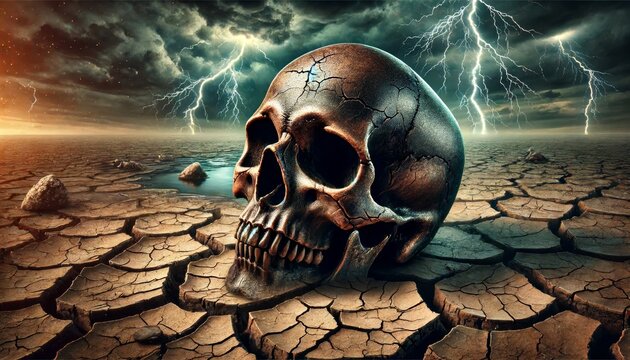 A detailed view of a skull resting on cracked, parched earth with lightning bolts in the background.