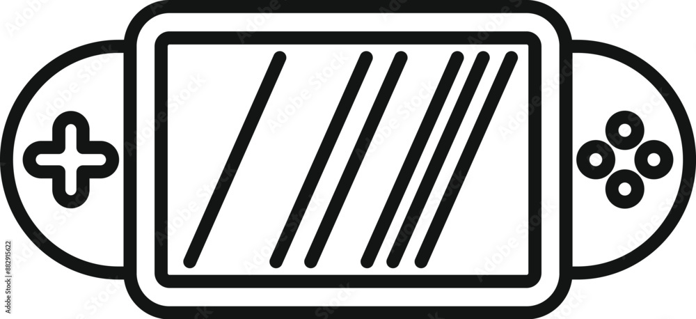 Poster line drawing of a portable gaming console with buttons showing a blank screen