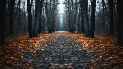 Mysterious Autumn Forest Path with Fallen Leaves and Bare Trees in a Foggy Atmosphere