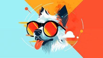 Hand drawn cartoon dog wearing sunglasses abstract artistic flat illustration

