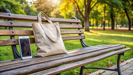 Canvas bag and phone forgotten on park bench , Lost, forgotten, abandoned, misplaced, urban, bench, outdoors