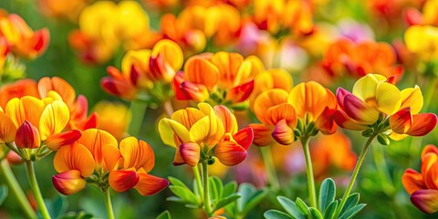 Fototapeta premium Close up of vibrant birds foot trefoil flowers in full bloom, birds foot trefoil, lotus corniculatus, flowers, blooming, close up