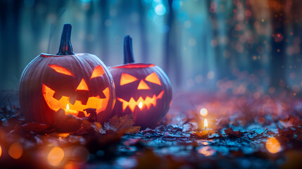 Naklejka premium evil glowing eyes of Jack O' Lanterns on the left of a wooden bench on a scary halloween night.