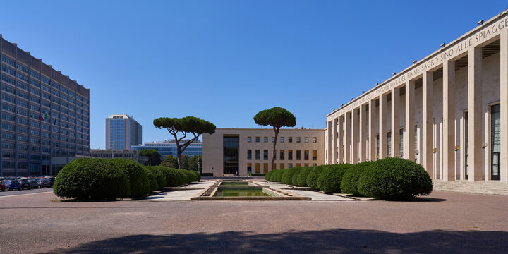 Panoramic view of Palazzo degli Uffici (offices palace) and piazzale delle fontane at EUR in Rome, example of the rationalist architecture of the first half of the 20th century