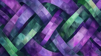 A geometric pattern featuring intertwining shapes in purple and green tones, perfect for backgrounds or wallpaper designs.