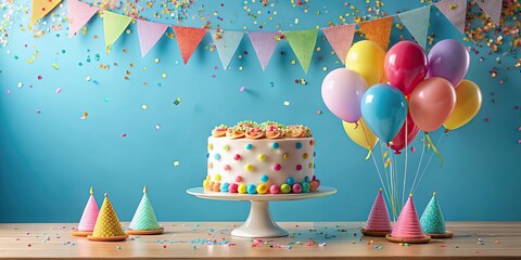 Obraz premium Birthday cake with balloons, confetti, and bunting decorations, birthday, cake, balloons, confetti, celebration, party
