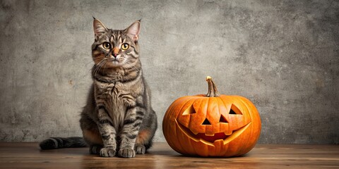 Cat grunge sitting with a Halloween pumpkin , Halloween, cat, grunge,spooky, pumpkin, black cat, Halloween decor, feline, vintage