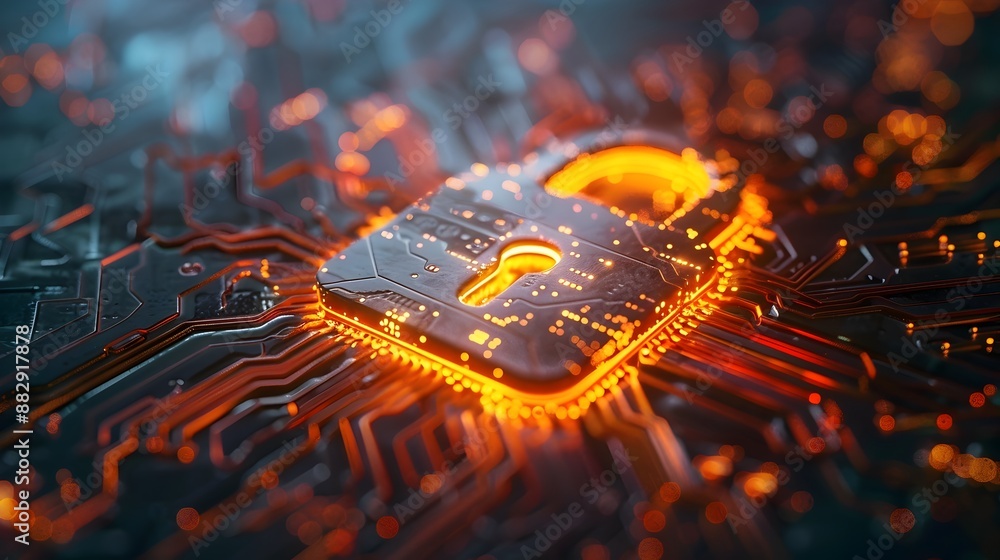 Poster glowing futuristic padlock icon with digital circuit background symbolizing cybersecurity concept
