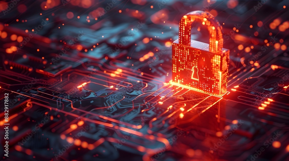 Poster glowing futuristic padlock icon with digital circuit background symbolizing cybersecurity