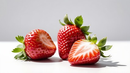 Fresh strawberries isolated on a white background, realistic, healthy, juicy, ripe, dessert, sweet, organic, background, vitamin, closeup, summer, natural, delicious, freshness, tasty, green, leaf 