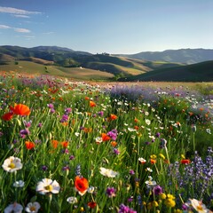 Obraz premium Bright wildflower meadow in vibrant colors, rolling hills in the background, clear blue sky, calm and serene atmosphere, nature in full bloom.