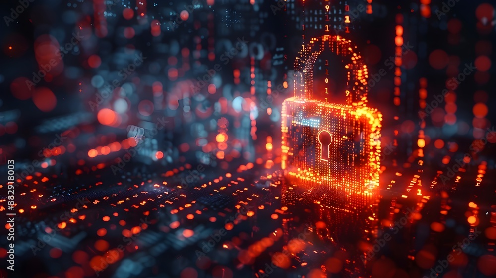 Poster glowing padlock icon surrounded by binary code highlighting digital data encryption security concept