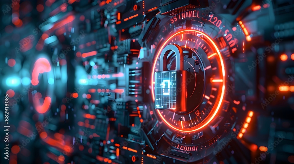 Poster padlock clock icon symbolizing timely cybersecurity measures on modern tech interface