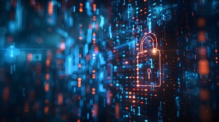 Digital Security Padlock Icon Surrounded by Binary Code Highlighting Data Encryption