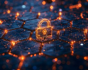 Secure Padlock Icon in Honeycomb Digital Network Background