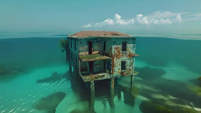 Half underwater view of an abandoned drowned house. Half-ruined house on stilts stands in the middle of the ocean. Old house on stilts submerged in water up to the roof.