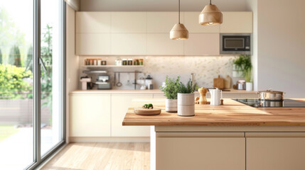 Modern, light-coloured kitchen design with kitchen island and wood worktop, beige wall