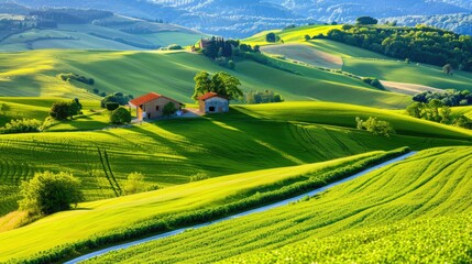 Scenic landscape of rolling green hills and a farmhouse with a vibrant sky in the background, depicting countryside tranquility and natural beauty.