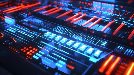 A futuristic digital display illustrating the 16 separate MIDI channels, each with a different instrument or voice, creating a complex and vibrant multi-instrumental arrangement