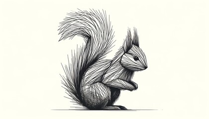 A minimalist and abstract squirrel composed of jagged lines to portray its bushy tail and energetic posture, in a simple and expressive style .