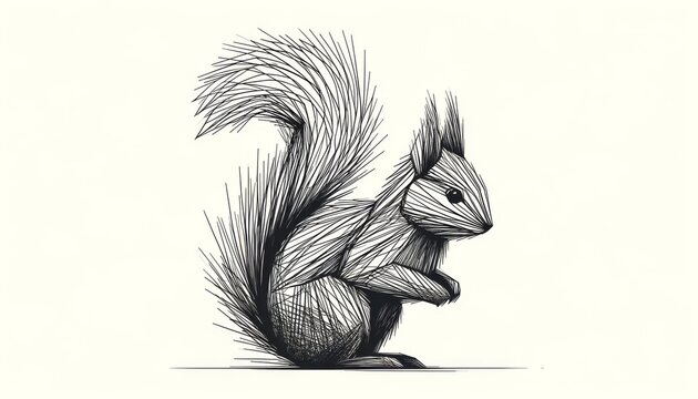 A minimalist and abstract squirrel composed of jagged lines to portray its bushy tail and energetic posture, in a simple and expressive style .