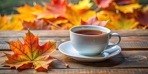 Closeup view of a cup of tea with vibrant autumn leaf , tea, drink, beverage, cup, autumn, leaf, cozy, hot, relax, beautiful