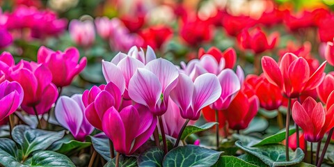 Obraz premium Close-up of vibrant cyclamen flowers in a colorful collection, cyclamen, flowers, close-up, colorful, vibrant, petals, bloom
