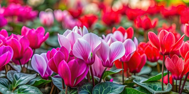Close-up of vibrant cyclamen flowers in a colorful collection, cyclamen, flowers, close-up, colorful, vibrant, petals, bloom