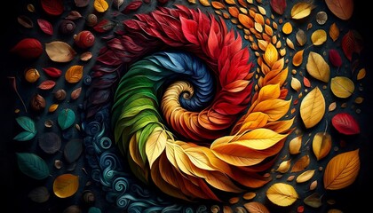 A close-up of various colorful autumn leaves arranged to form a spiral pattern on a dark forest floor, inspired by an abstract painting.