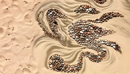 A close-up view of pebbles arranged in swirling patterns on a sandy riverbank, mimicking the movement of water, inspired by an abstract painting.