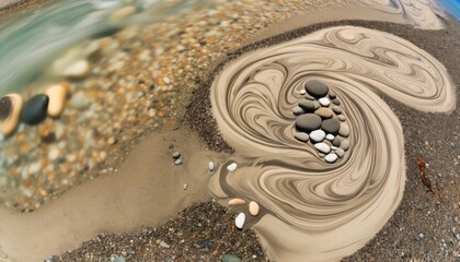 A close-up view of pebbles arranged in swirling patterns on a sandy riverbank, mimicking the movement of water, inspired by an abstract painting.