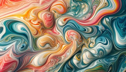 A close-up view of a colorful marble surface with intricate swirls and patterns that resemble liquid flow, inspired by an abstract painting.