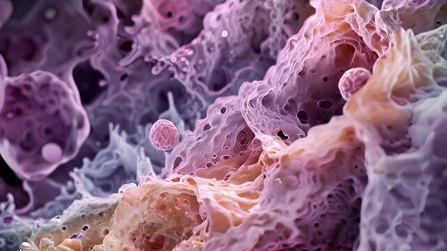 A group of leukocytes pushing through a dense layer of connective tissue to access deeper layers of tissue.
