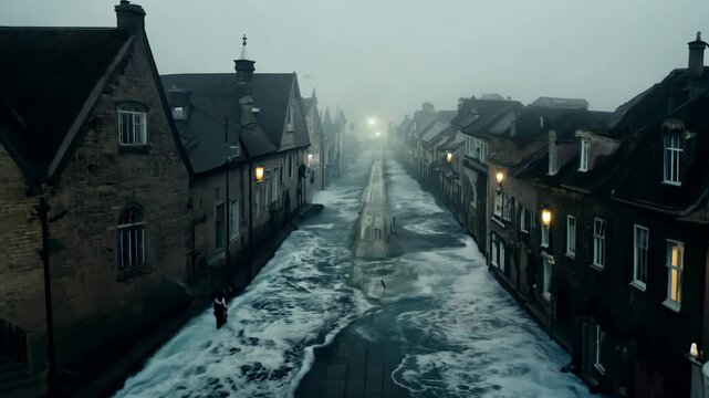 Small town street drowns in the ocean at night. A sinister and surreal view of a long town street with old houses flooded with water and submerging into the sea. A medieval town lost in the ocean.