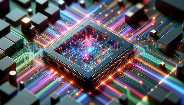 A close-up image of an artificial intelligence neural network processing chip, showing layers of interconnected nodes and colorful data paths.