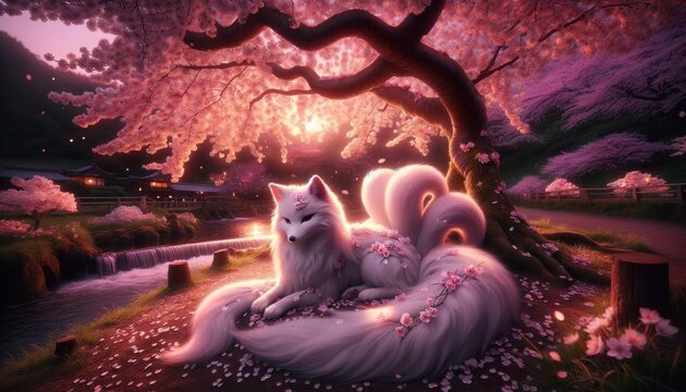 A tranquil kitsune resting under a cherry blossom tree in full bloom at dusk.