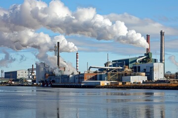 Fototapeta premium Industrial wood pellet plant emitting smoke from its tall chimneys in production facility